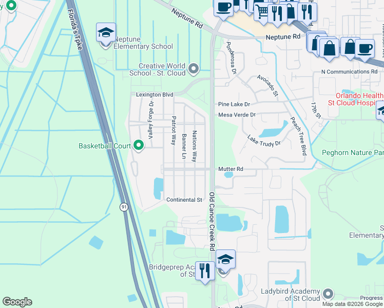 map of restaurants, bars, coffee shops, grocery stores, and more near 1990 Nations Way in St. Cloud