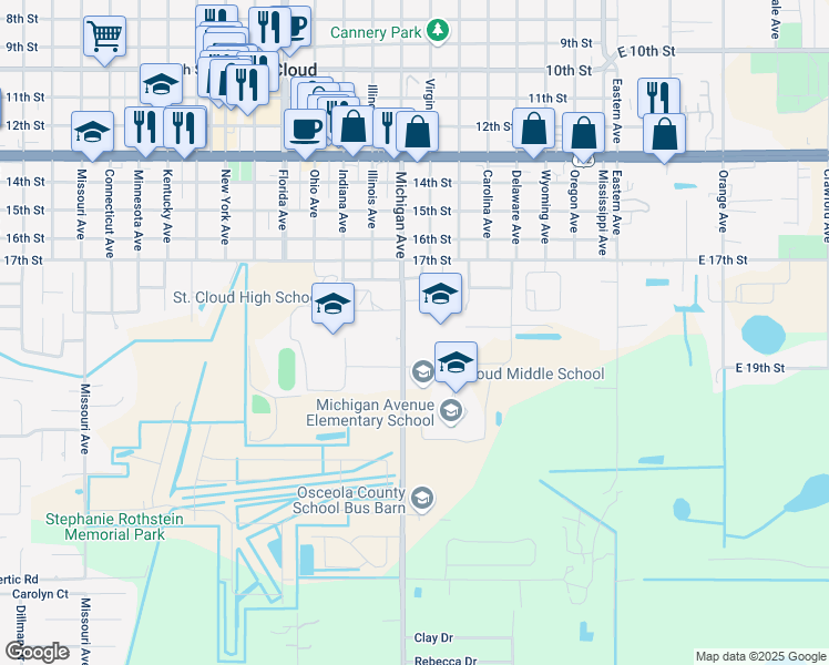 map of restaurants, bars, coffee shops, grocery stores, and more near 1907 Michigan Avenue in St. Cloud