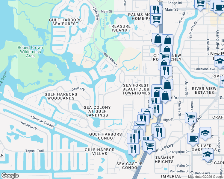 map of restaurants, bars, coffee shops, grocery stores, and more near 5557 Sea Forest Drive in New Port Richey