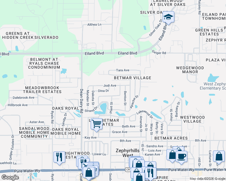 map of restaurants, bars, coffee shops, grocery stores, and more near 5645 Loretta Court in Zephyrhills