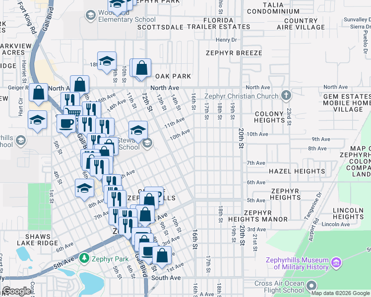map of restaurants, bars, coffee shops, grocery stores, and more near 38721 9th Avenue in Zephyrhills