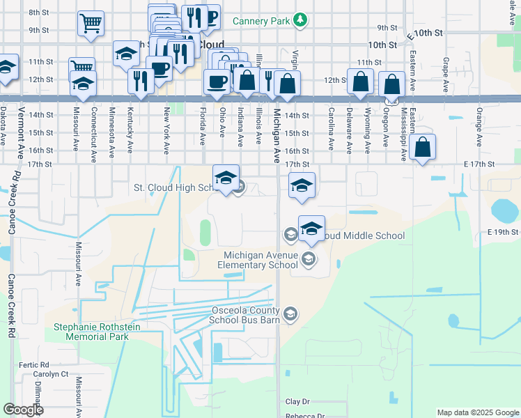 map of restaurants, bars, coffee shops, grocery stores, and more near 707 Michigan Court in St. Cloud