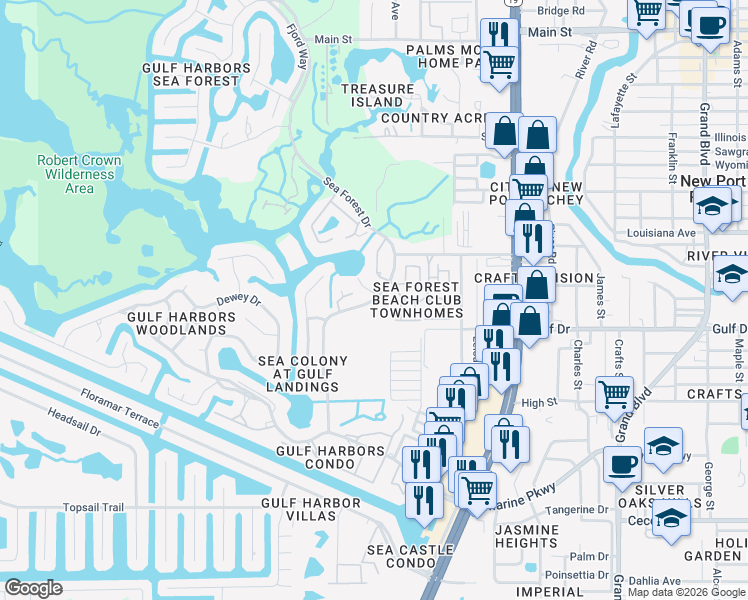 map of restaurants, bars, coffee shops, grocery stores, and more near 5617 Egrets Place in New Port Richey