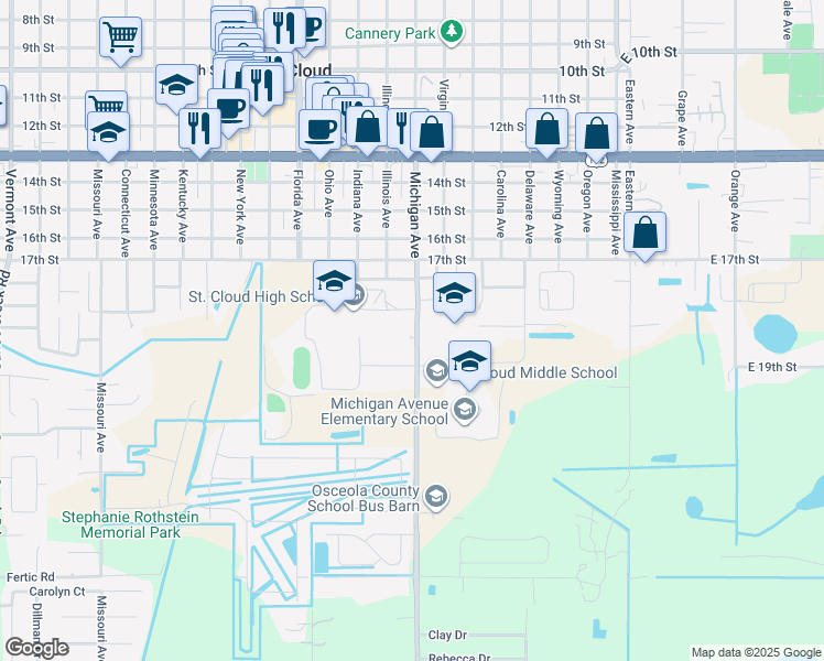 map of restaurants, bars, coffee shops, grocery stores, and more near 696 Michigan Court in St. Cloud