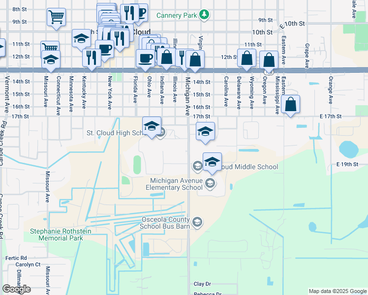 map of restaurants, bars, coffee shops, grocery stores, and more near 707 Michigan Court in St. Cloud