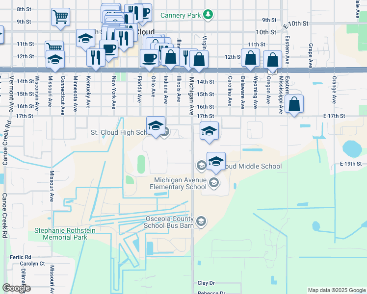 map of restaurants, bars, coffee shops, grocery stores, and more near 707 Michigan Court in St. Cloud