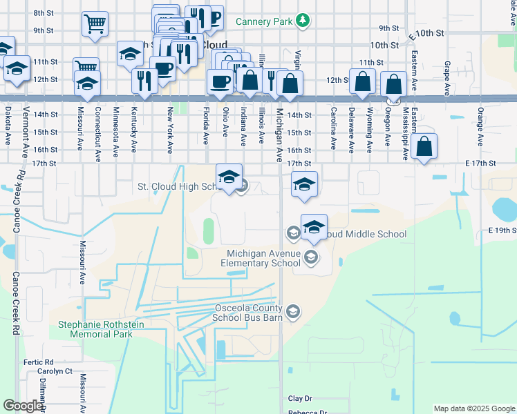 map of restaurants, bars, coffee shops, grocery stores, and more near 707 Michigan Court in St. Cloud