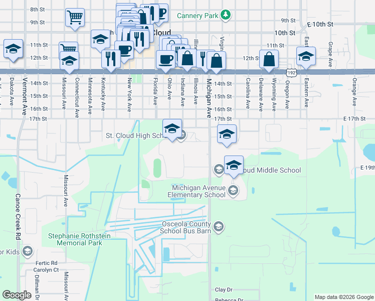 map of restaurants, bars, coffee shops, grocery stores, and more near 719 Michigan Court in St. Cloud