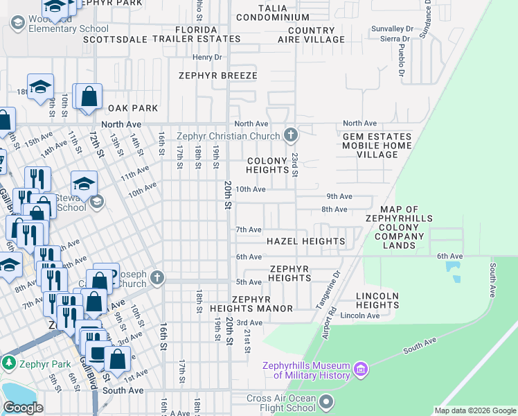 map of restaurants, bars, coffee shops, grocery stores, and more near 39059 9th Avenue in Zephyrhills