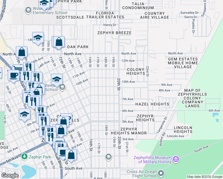 map of restaurants, bars, coffee shops, grocery stores, and more near 5715 19th Street in Zephyrhills