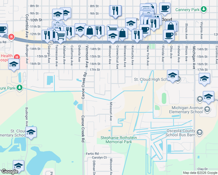 map of restaurants, bars, coffee shops, grocery stores, and more near 1966 Villa Angelo Boulevard in St. Cloud