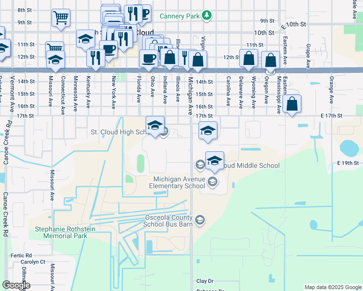 map of restaurants, bars, coffee shops, grocery stores, and more near 707 Michigan Court in St. Cloud