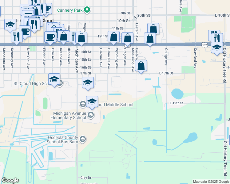 map of restaurants, bars, coffee shops, grocery stores, and more near 1901 Delaware Avenue in St. Cloud