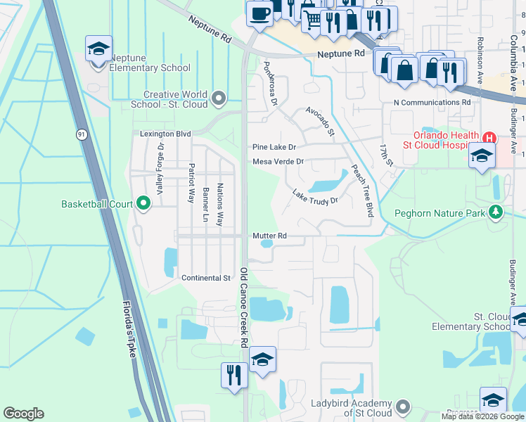 map of restaurants, bars, coffee shops, grocery stores, and more near 4075 Old Canoe Creek Road in St. Cloud
