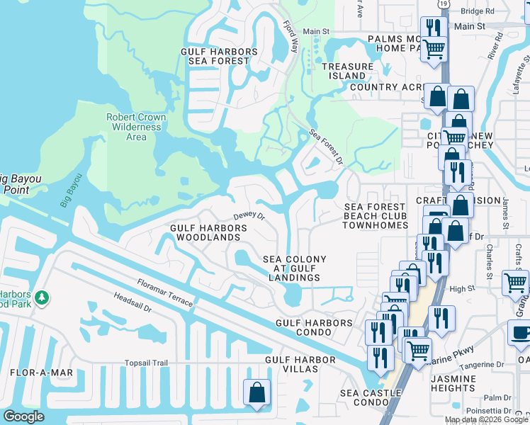 map of restaurants, bars, coffee shops, grocery stores, and more near 4543 Dewey Drive in New Port Richey