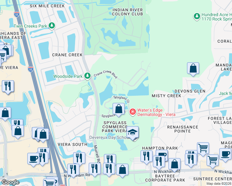map of restaurants, bars, coffee shops, grocery stores, and more near 6897 Raccoon Court in Melbourne