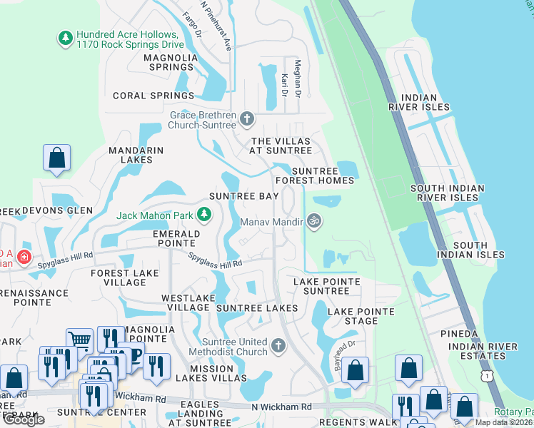 map of restaurants, bars, coffee shops, grocery stores, and more near 727 Fairway Drive in Melbourne