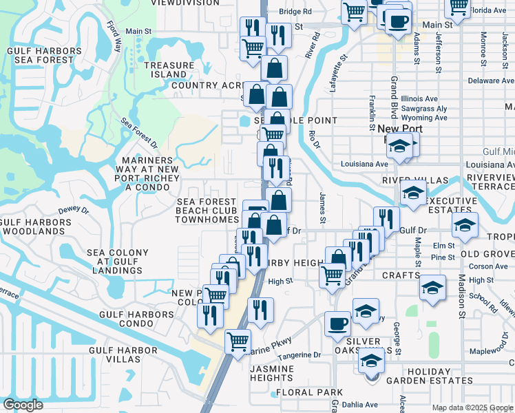 map of restaurants, bars, coffee shops, grocery stores, and more near 5541 U.S. 19 in New Port Richey