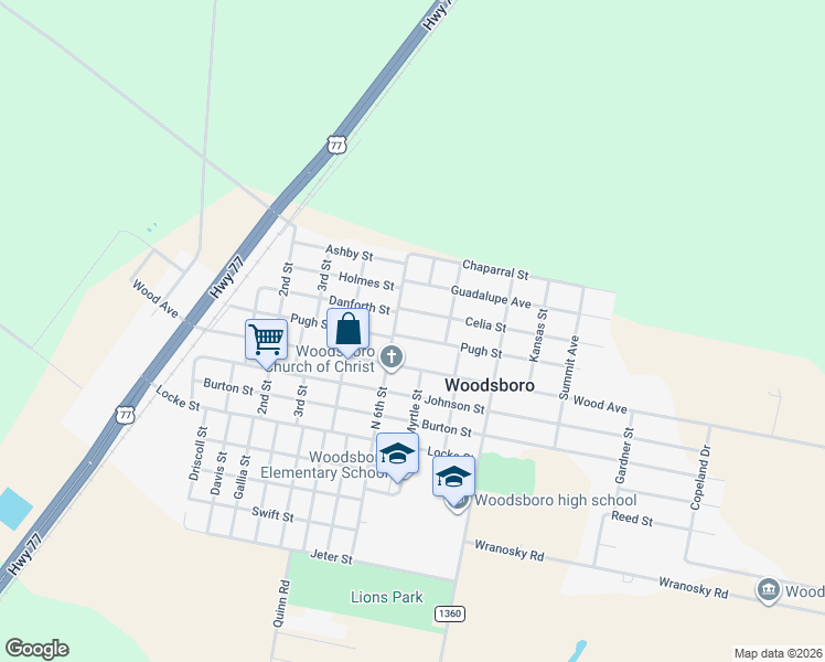 map of restaurants, bars, coffee shops, grocery stores, and more near 608 Celia Street in Woodsboro