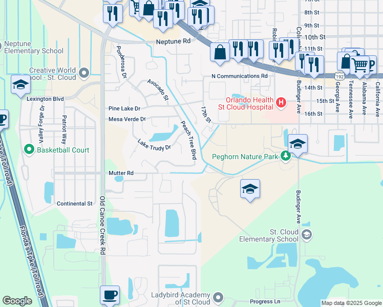 map of restaurants, bars, coffee shops, grocery stores, and more near 1818 Peach Tree Boulevard in St. Cloud