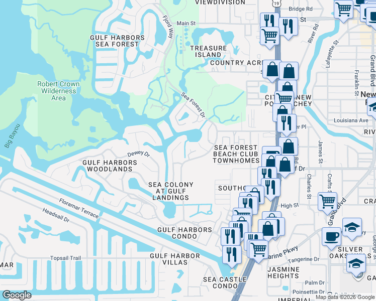 map of restaurants, bars, coffee shops, grocery stores, and more near 5537 Sea Forest Drive in New Port Richey