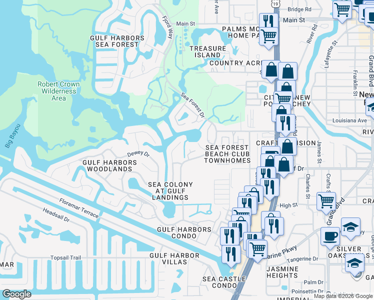 map of restaurants, bars, coffee shops, grocery stores, and more near 5537 Sea Forest Drive in Port Richey