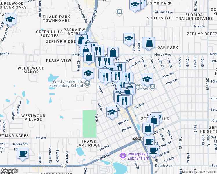 map of restaurants, bars, coffee shops, grocery stores, and more near in Zephyrhills