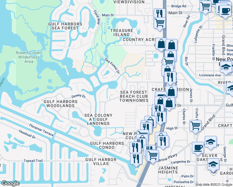 map of restaurants, bars, coffee shops, grocery stores, and more near 5617 Egrets Place in New Port Richey