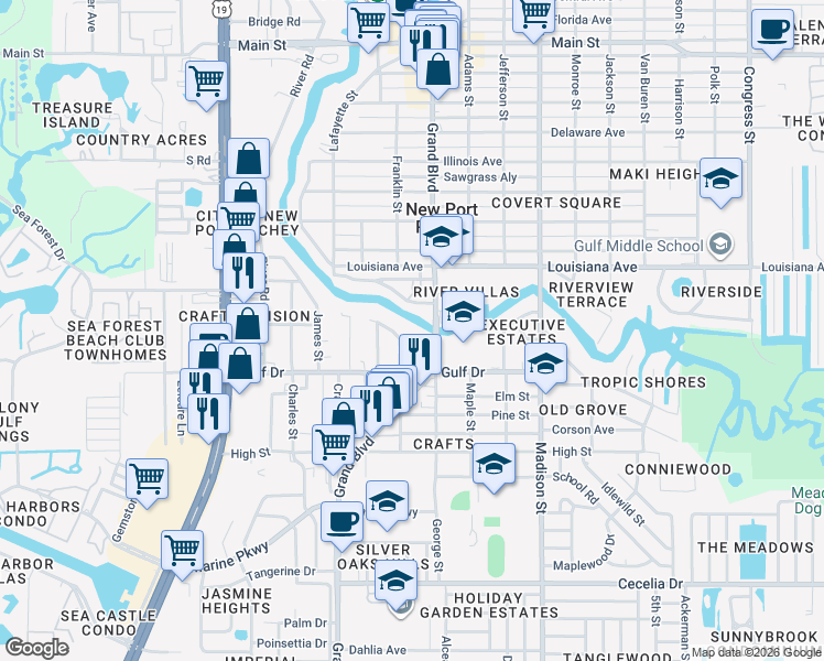 map of restaurants, bars, coffee shops, grocery stores, and more near 5649 Tidalwave Drive in New Port Richey