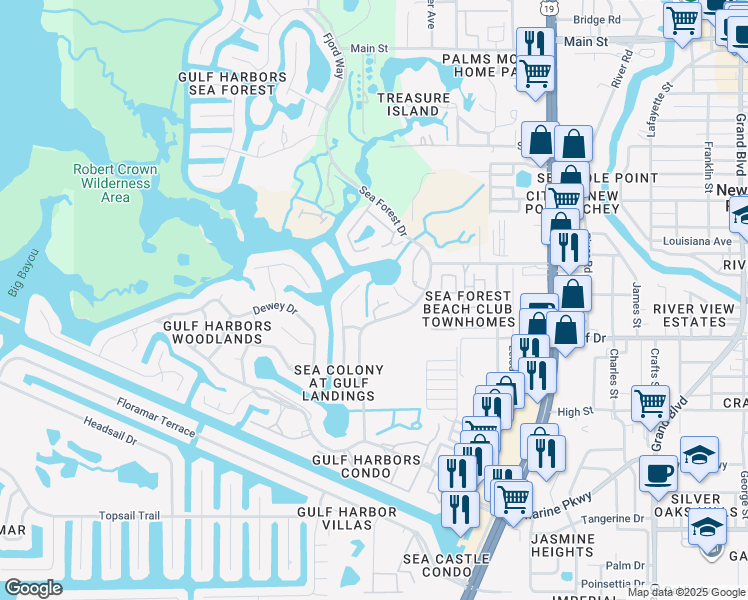 map of restaurants, bars, coffee shops, grocery stores, and more near 5537 Sea Forest Drive in Port Richey