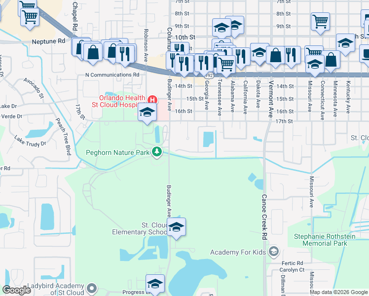 map of restaurants, bars, coffee shops, grocery stores, and more near 2709 Shelby Ruth Place in St. Cloud