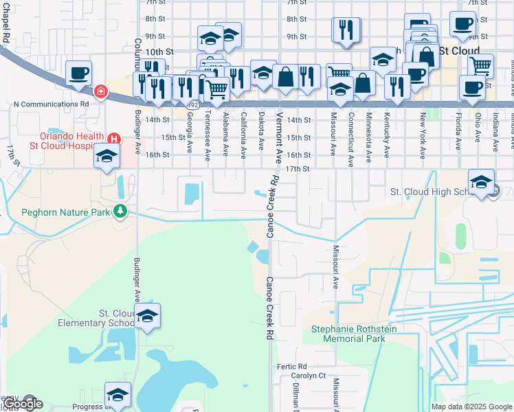 map of restaurants, bars, coffee shops, grocery stores, and more near 2204 Julianna Court in St. Cloud