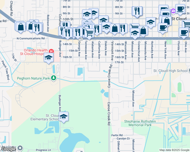 map of restaurants, bars, coffee shops, grocery stores, and more near 2218 Julianna Court in St. Cloud