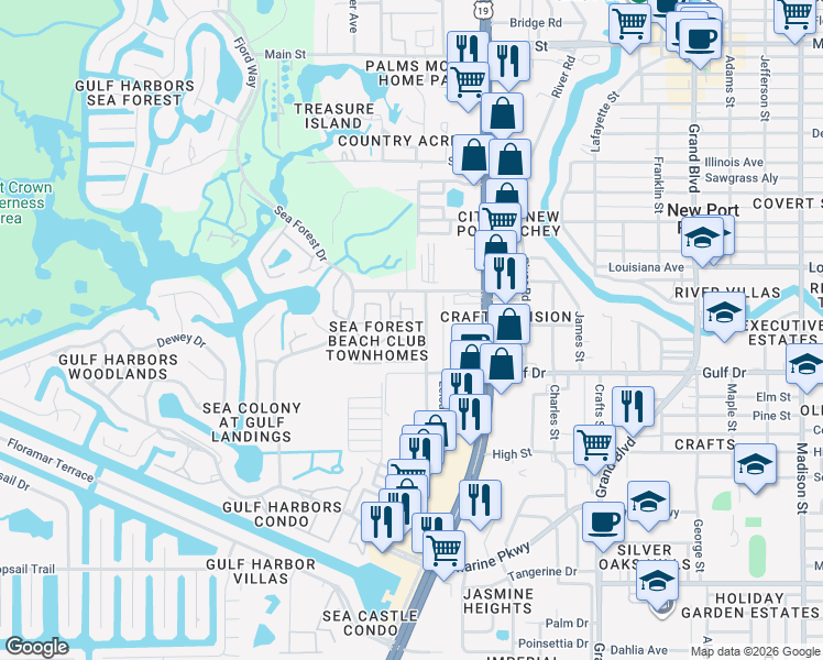 map of restaurants, bars, coffee shops, grocery stores, and more near 5036 Herring Courtt in New Port Richey