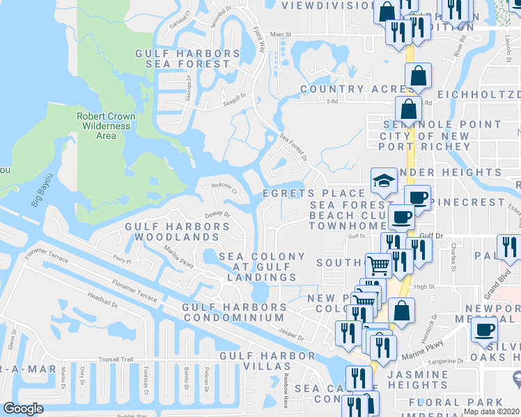 map of restaurants, bars, coffee shops, grocery stores, and more near 5551 Jobeth Drive in Port Richey