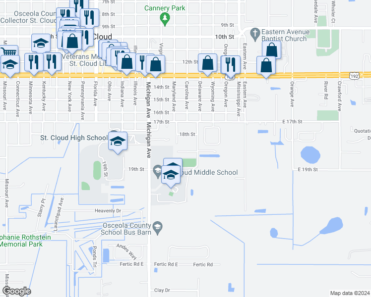 map of restaurants, bars, coffee shops, grocery stores, and more near 400 James Place in St. Cloud