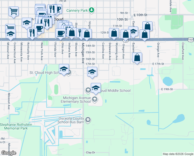 map of restaurants, bars, coffee shops, grocery stores, and more near 430 James Place in St. Cloud