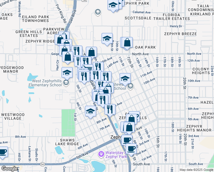 map of restaurants, bars, coffee shops, grocery stores, and more near 5707 8th Street in Zephyrhills