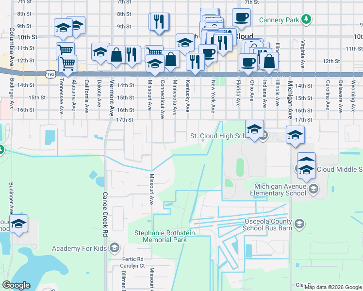 map of restaurants, bars, coffee shops, grocery stores, and more near 1899 Minnesota Avenue in St. Cloud