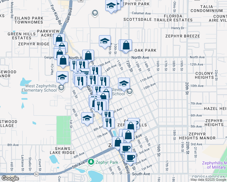 map of restaurants, bars, coffee shops, grocery stores, and more near 5701 9th Street in Zephyrhills