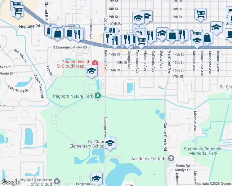 map of restaurants, bars, coffee shops, grocery stores, and more near 2709 Shelby Ruth Place in St. Cloud