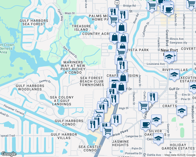 map of restaurants, bars, coffee shops, grocery stores, and more near 5026 Herring Court in New Port Richey