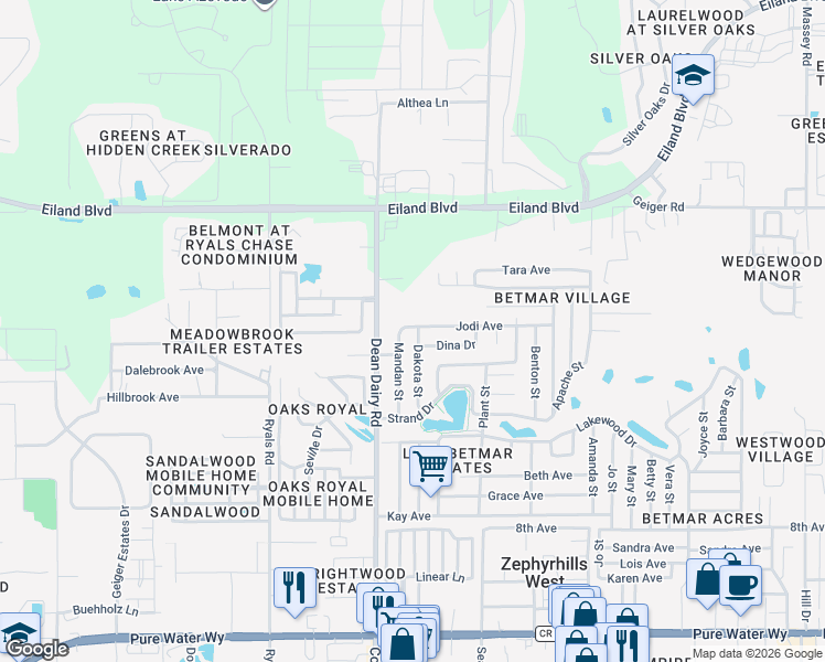 map of restaurants, bars, coffee shops, grocery stores, and more near 5707 Dakota Street in Zephyrhills