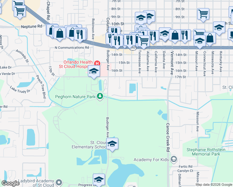 map of restaurants, bars, coffee shops, grocery stores, and more near 2709 Shelby Ruth Place in St. Cloud