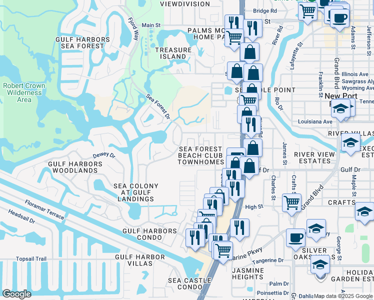 map of restaurants, bars, coffee shops, grocery stores, and more near 4914 Gulf Waters Drive in Port Richey
