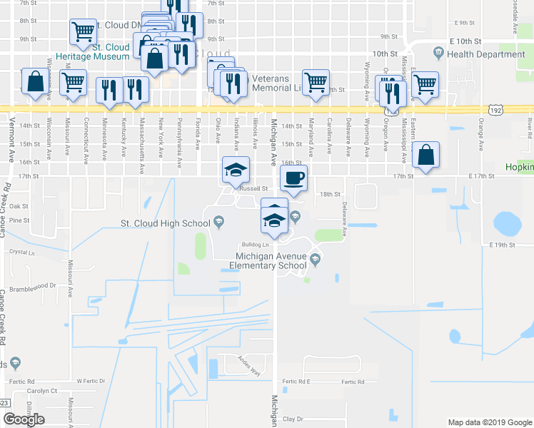 map of restaurants, bars, coffee shops, grocery stores, and more near 707 Michigan Court in St. Cloud