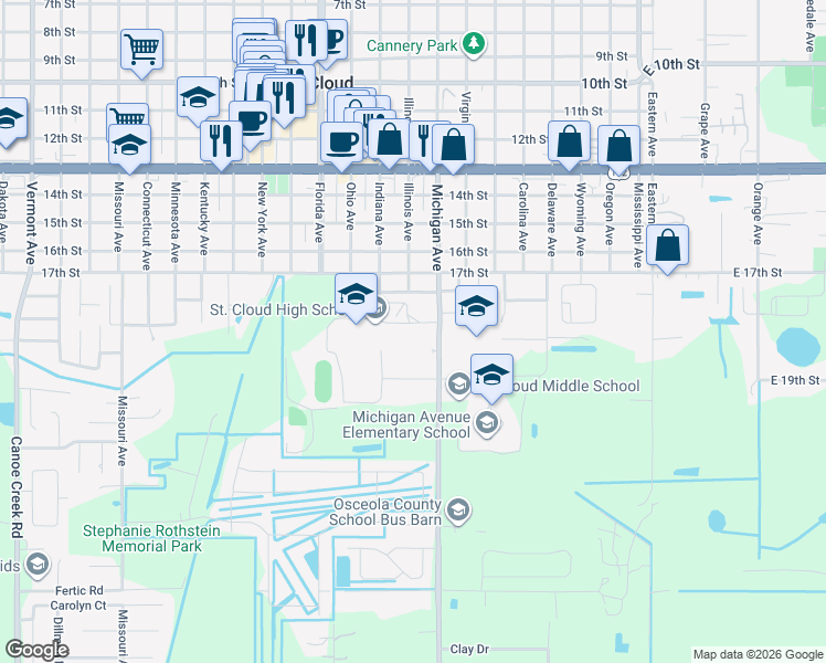 map of restaurants, bars, coffee shops, grocery stores, and more near 707 Michigan Court in St. Cloud