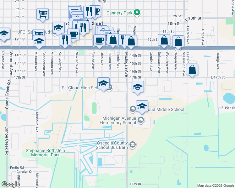 map of restaurants, bars, coffee shops, grocery stores, and more near 707 Michigan Court in St. Cloud