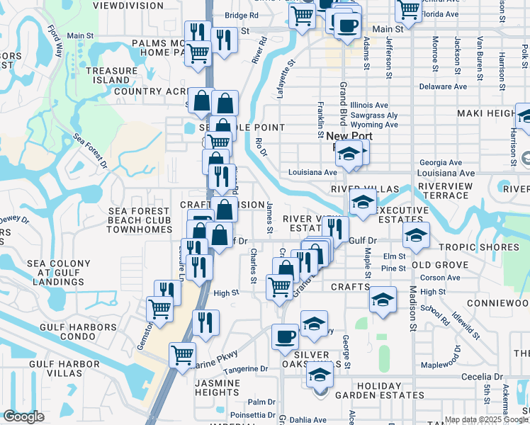 map of restaurants, bars, coffee shops, grocery stores, and more near 5411 Lemon Street in New Port Richey