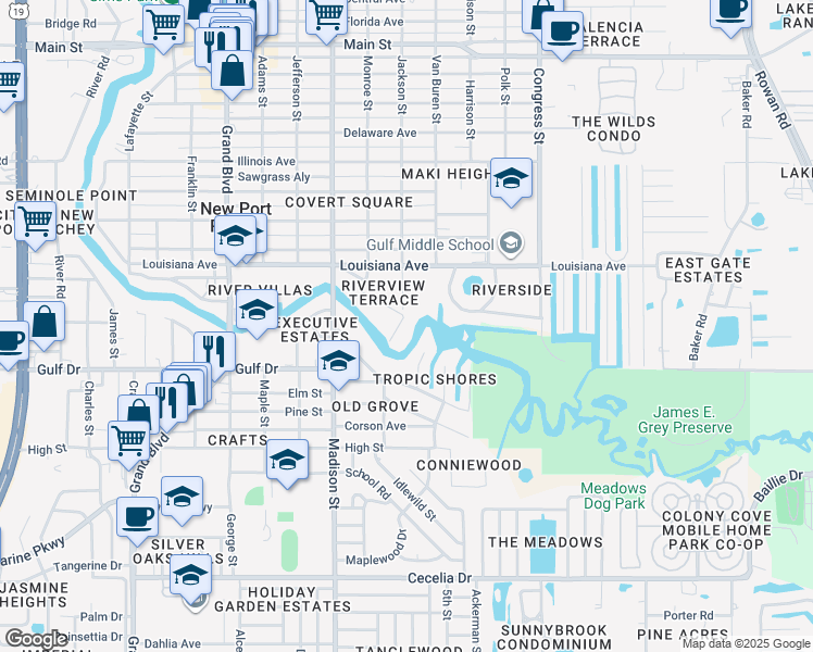 map of restaurants, bars, coffee shops, grocery stores, and more near 6134 Oak Ridge Avenue in New Port Richey